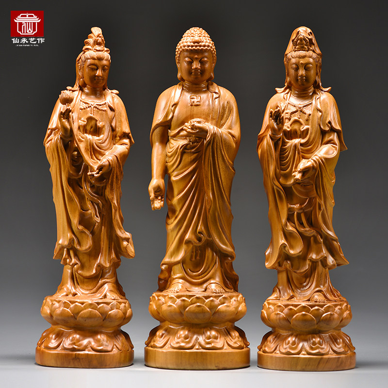 香樟木雕西方三圣佛像摆件工艺品
