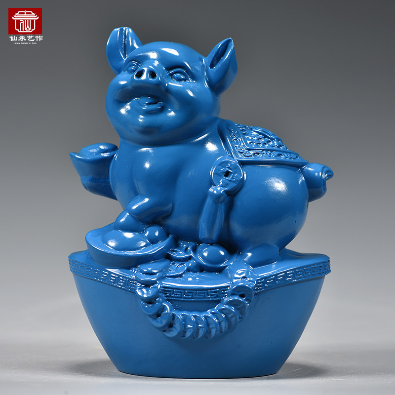 蓝色实木猪摆件木质雕刻十二生肖木头小猪猪吉祥物装饰木制工艺品