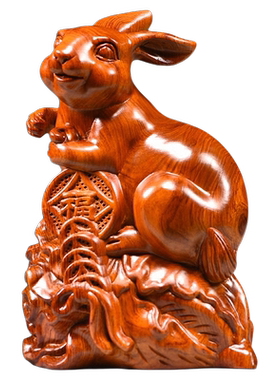 花梨木质雕刻兔子摆件