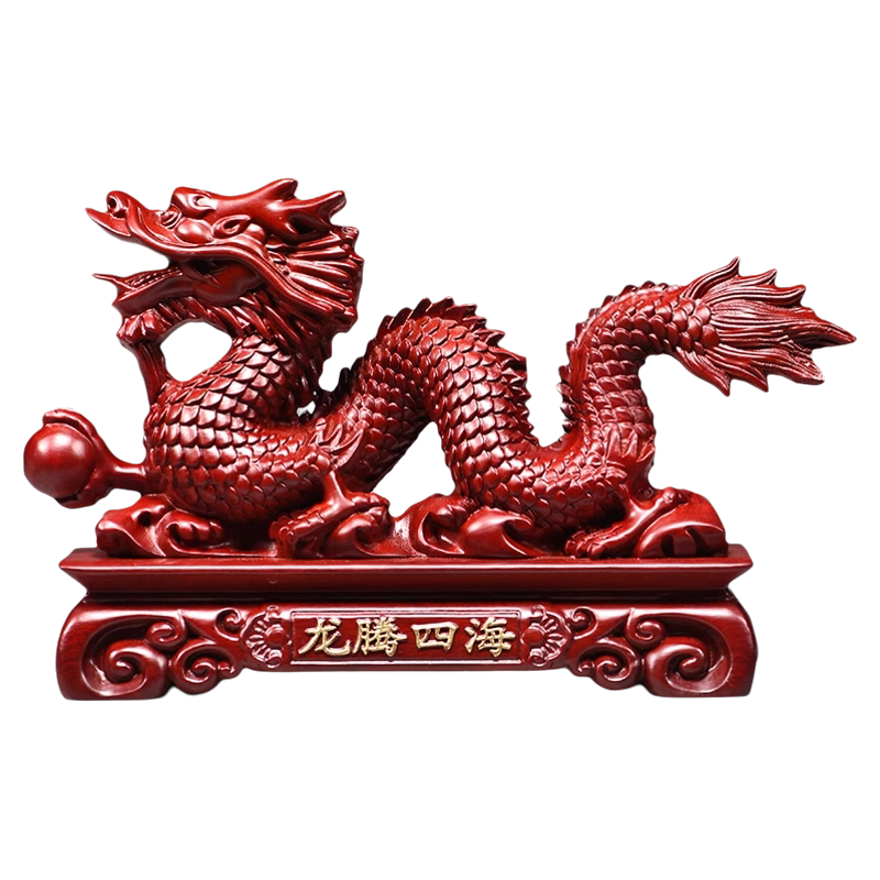 红色木质龙腾四海摆件实木