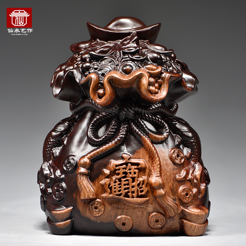 黑檀木雕刻福袋子摆件实木