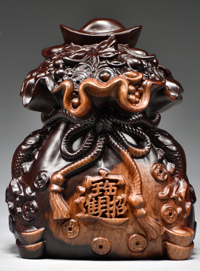 黑檀木雕刻福袋子摆件实木