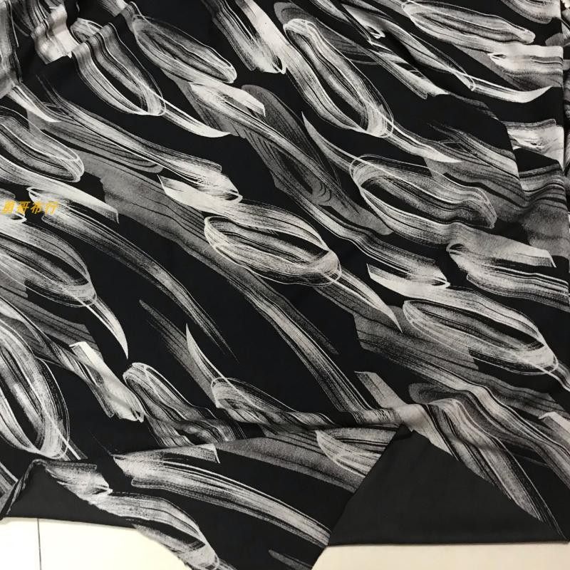 针织弹力加厚沐兰棉布料水墨画黑白配柔软秋冬连衣裙套装服装面料