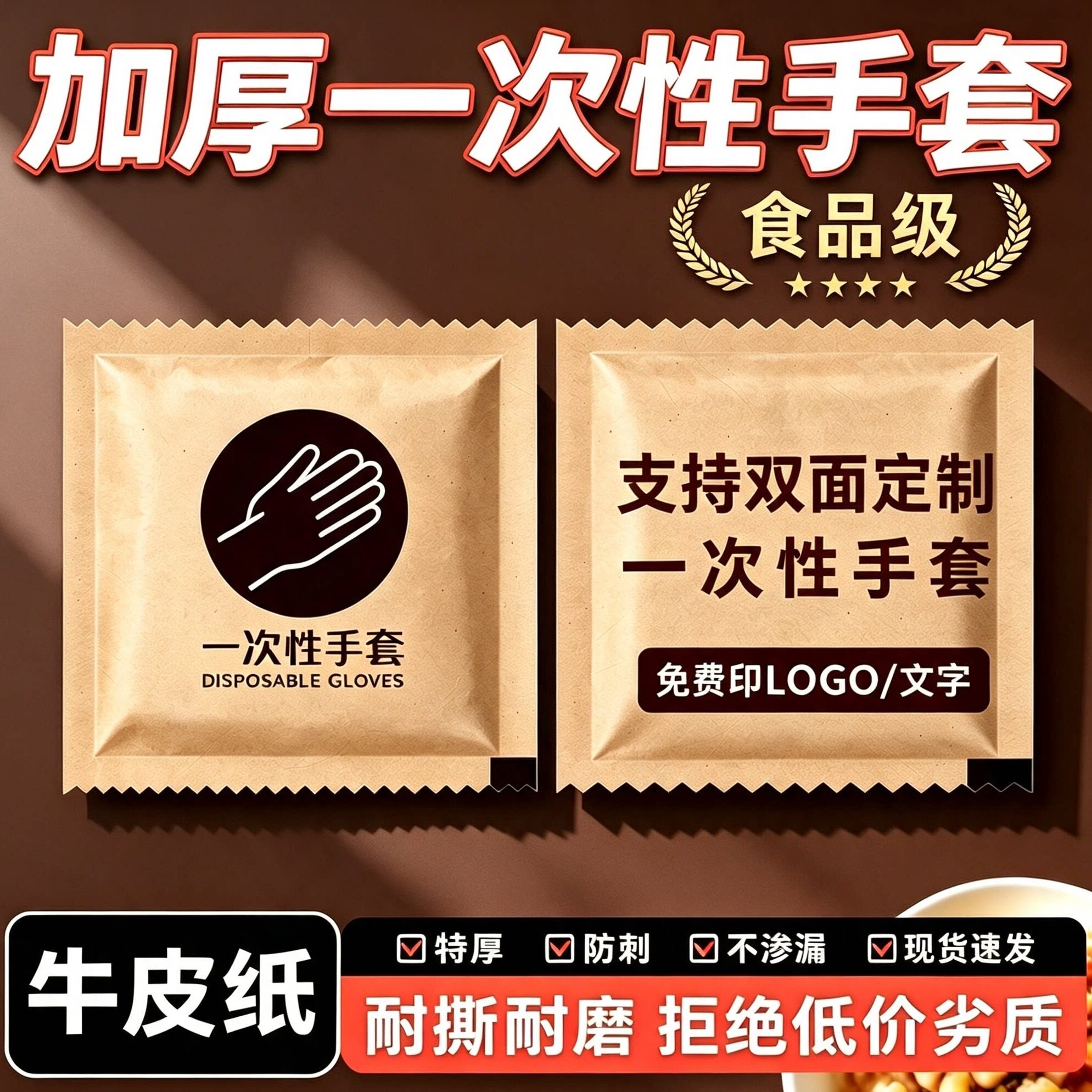 一次性牛皮纸手套食品级独立包装图片