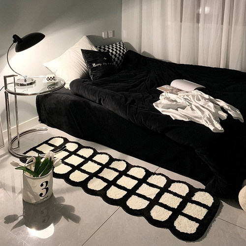 黑白风小地毯卧室加厚毛绒床边毯高级感主卧床前床下ins风地垫