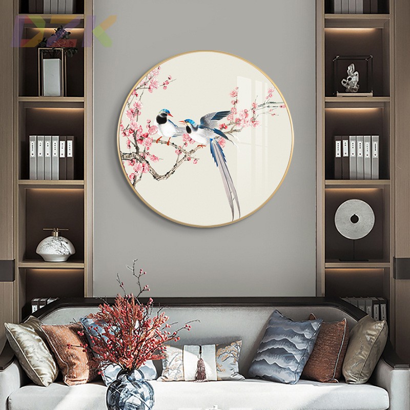 现代圆形花鸟装饰画玄关过道客厅沙发背景墙挂画壁画古风晶瓷墙o8图片