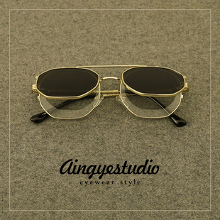 时尚 一镜两用双层翻盖墨镜男潮方形个性 复古太阳眼镜女可配近视夏