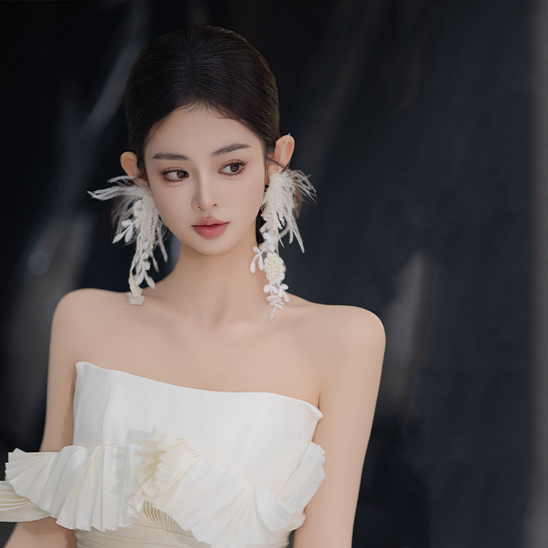 新娘羽毛白色蕾丝耳饰超仙公主唯美气质优雅流苏婚纱配饰