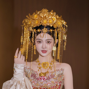 大凤冠中式婚礼新娘头饰大气金色高级面帘花朵喜字秀禾龙凤褂发饰