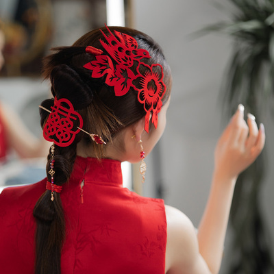 国风新娘头饰双喜喜鹊红绳发簪古典结婚非遗剪纸凤凰造型旗袍发饰