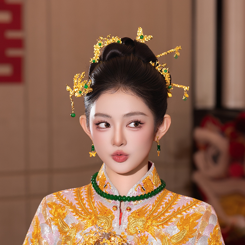 新娘古风金色中式发饰串珠婚礼旗袍蝴蝶发簪精致秀禾服龙凤褂头饰