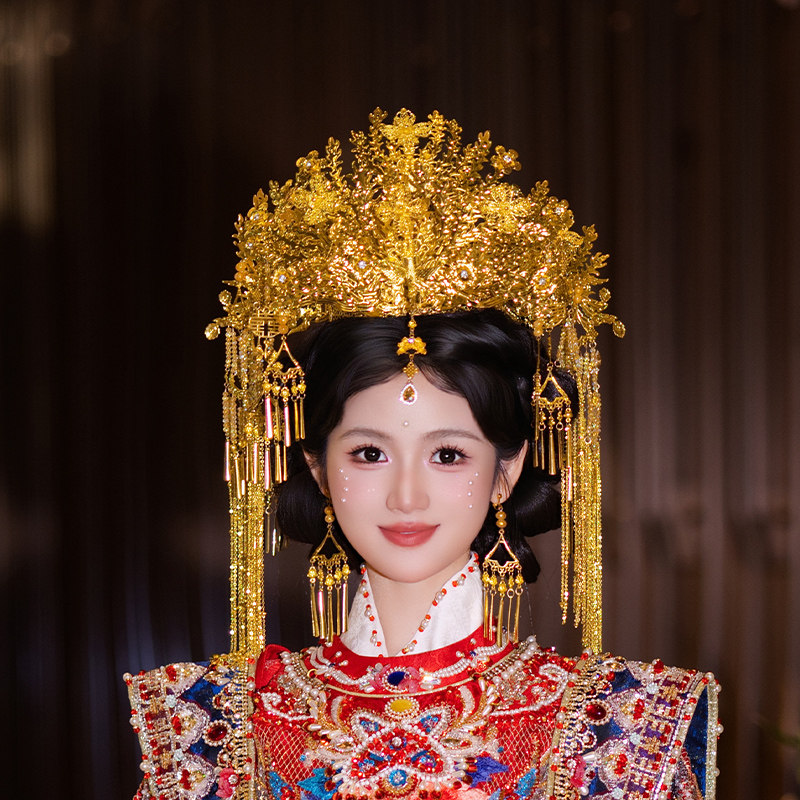 新娘结婚金色重工汉服大凤冠花朵中式喜字华丽流苏龙凤褂减龄饰品