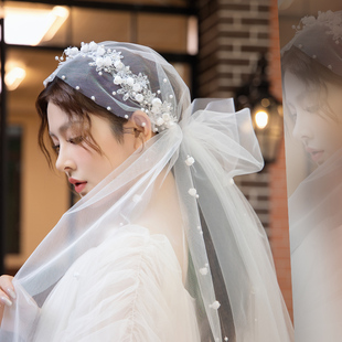 新娘头纱铃兰花帽兜蝴蝶结结婚婚纱简约时尚气质配饰纱长约126cm