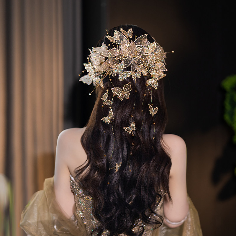 新娘结婚头饰高端奢华新款蝴蝶系列流苏礼服香槟金婚纱晨袍配饰品图片