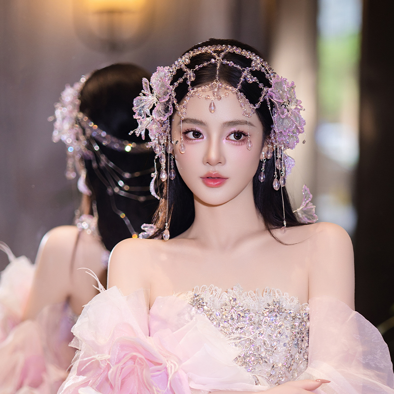 新娘浅紫色小众超仙结婚头饰订婚流苏韩式异域风礼服婚纱跟妆发饰