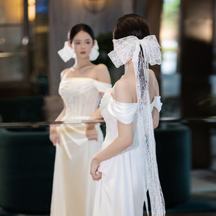 新娘长款蝴蝶结飘带发饰新款头饰法式优雅蕾丝高级感婚纱礼服配饰