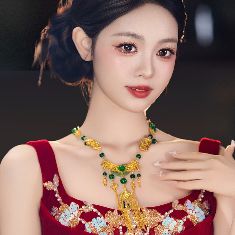 中式梦瑶金色富贵风秀禾项链新娘国风古典高级流苏订婚造型配饰品