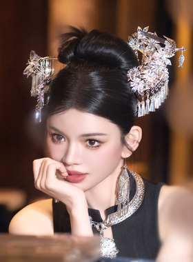 新娘头饰苗族银色发饰凤凰流苏唯美气质盘发发簪结婚民族风配饰品