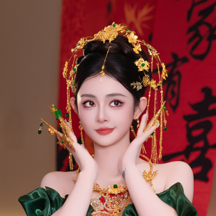 新娘减龄金色发钗金绿色瀑布后区龙凤褂发饰套装 结婚头饰新款 中式
