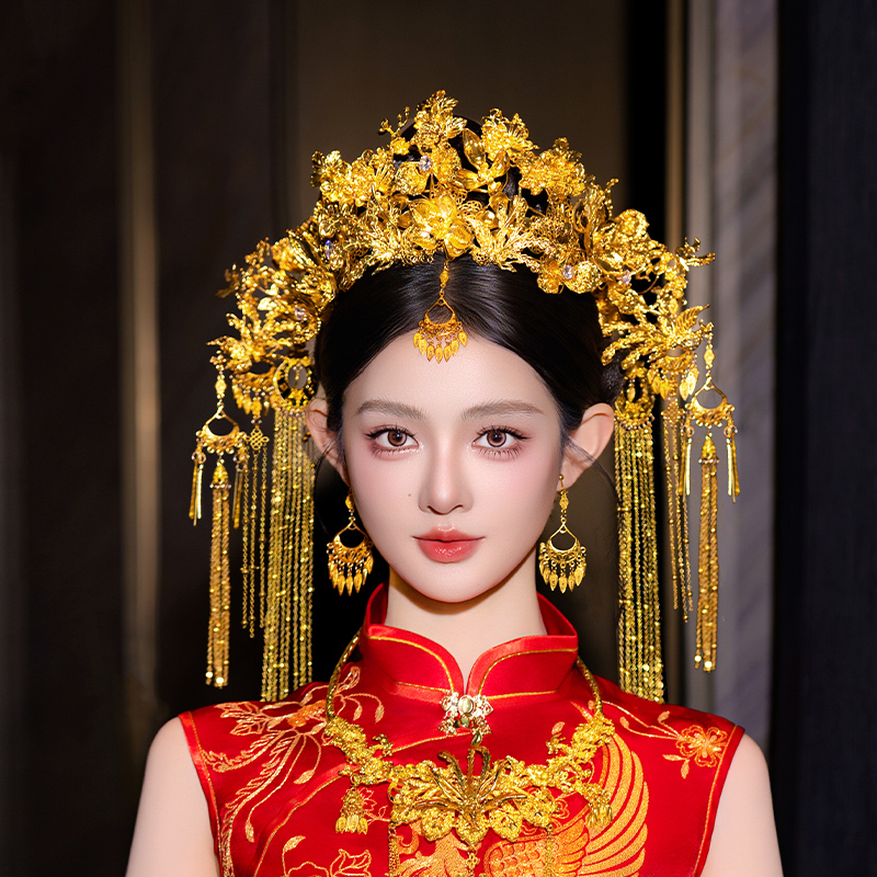 新娘金色大凤冠奢华中式婚礼减龄结婚长流苏秀禾服汉服龙凤褂配饰