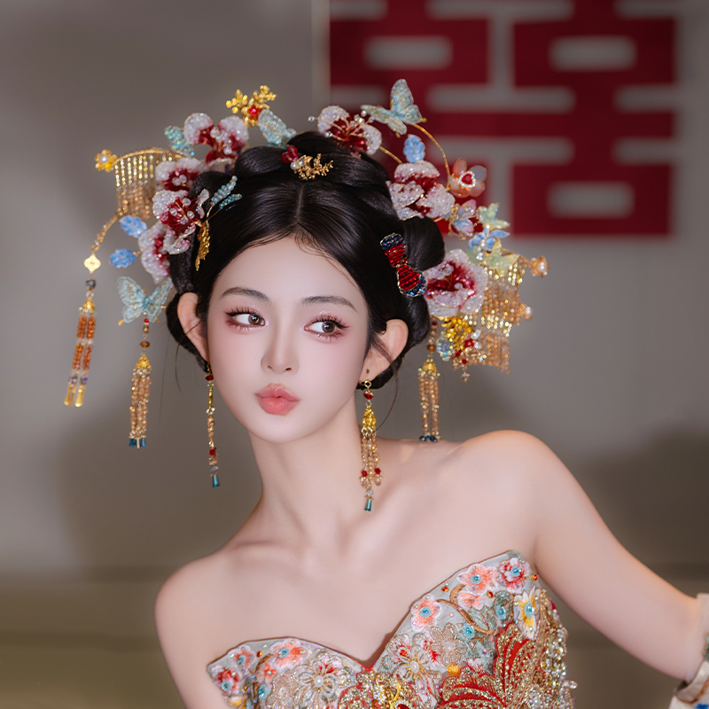 新娘中式浅色复古头饰蝴蝶婚礼减龄手工龙凤褂晨袍渐变造液花发饰