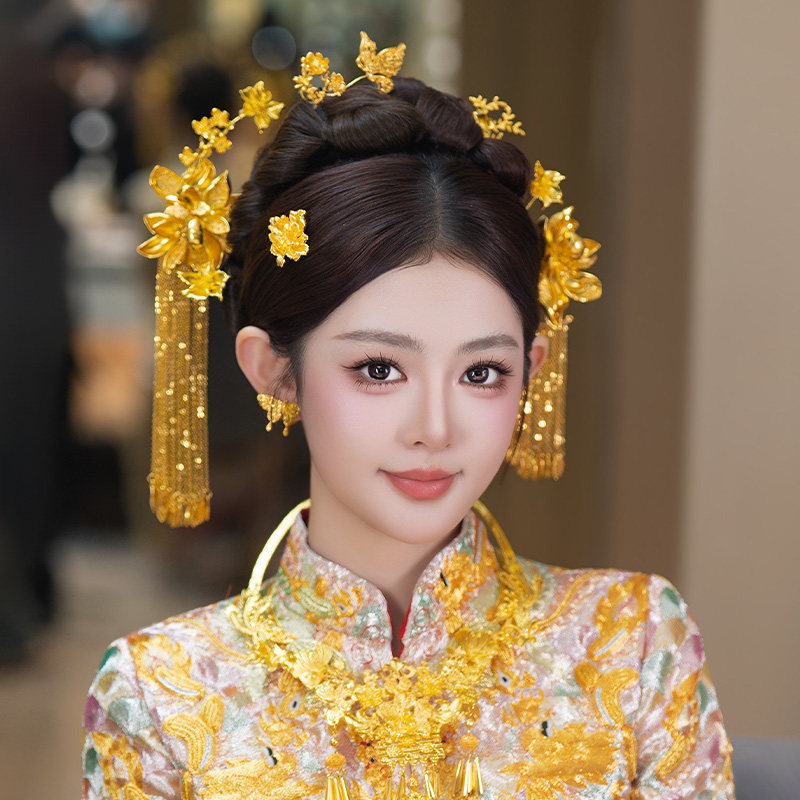 2026新娘发饰全金色龙凤褂花朵流苏古风婚礼精致高级感盘发配饰品