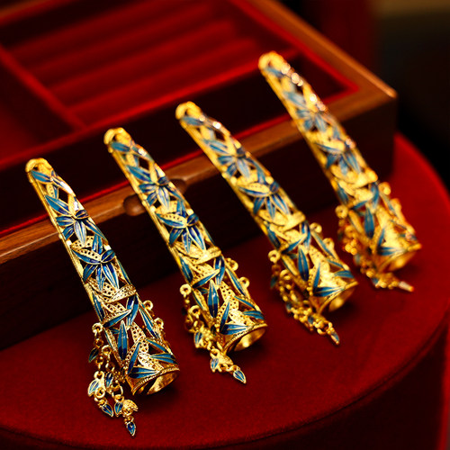 新娘婚礼宫廷花丝烧蓝指甲套复古竹叶流苏气质高级感中式结婚配饰