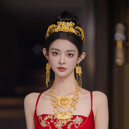 中式新娘头饰金色双喜花朵凤冠古典造型秀禾服龙凤褂旗袍国风发饰