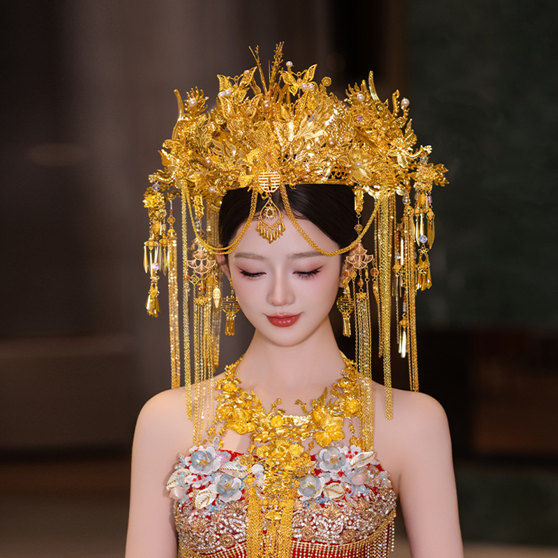 新娘整环大凤冠中式婚礼大气金色凤凰蝴蝶喜字配饰秀禾龙凤褂发饰