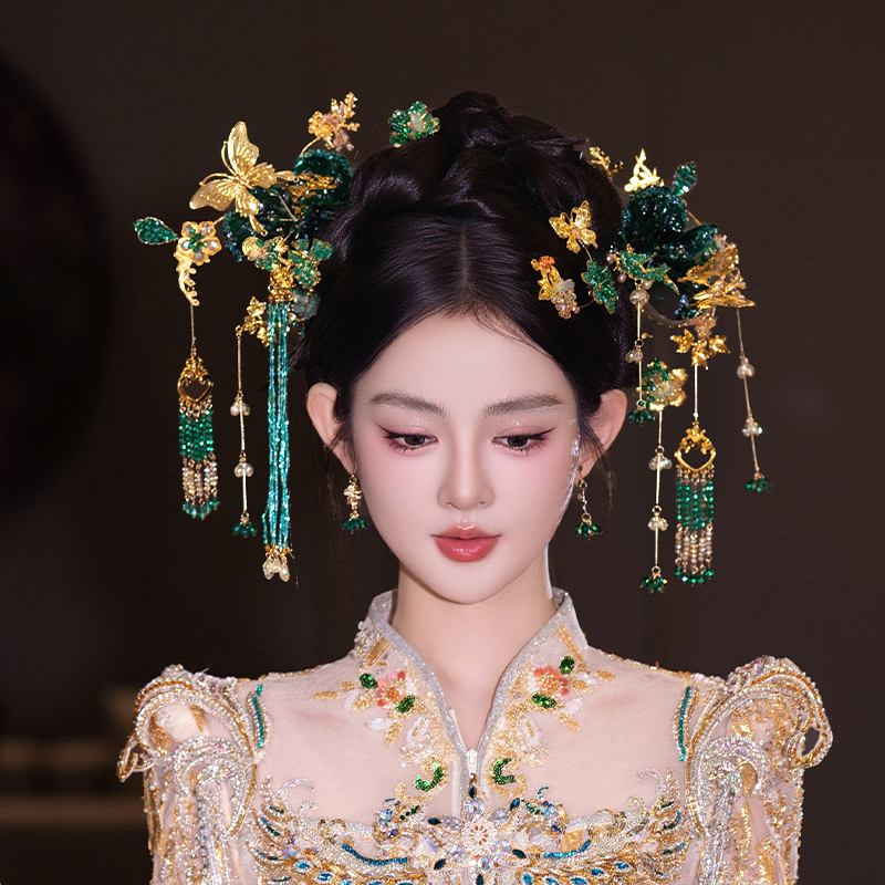 秀禾新娘复古金绿色头饰精致中式小众结婚龙凤褂汉服蝴蝶步摇发饰