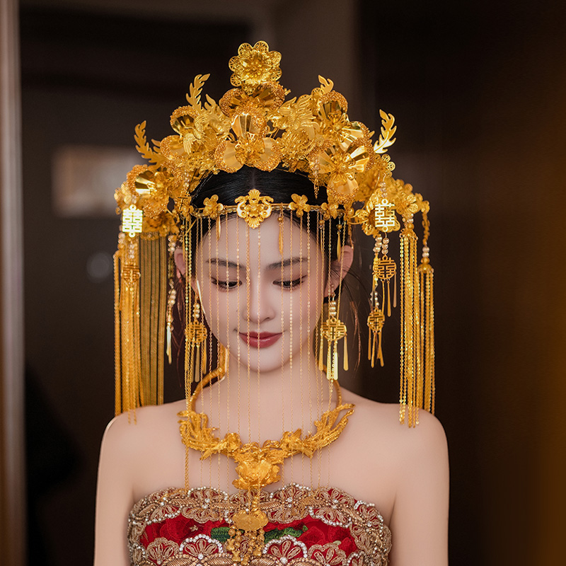 梦瑶中式金色高级面帘花朵新娘流苏大气秀禾龙凤褂头饰喜字大凤冠