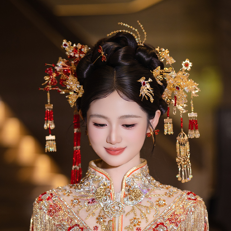 新娘红金色古风高级感流苏头饰减龄甜美秀禾造型龙凤褂结婚发饰品