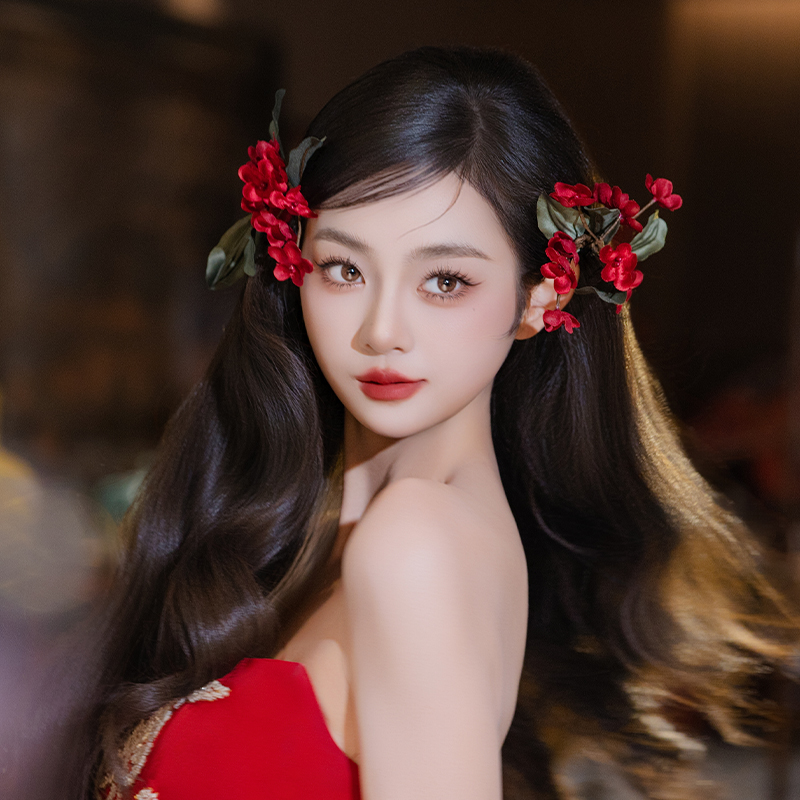新娘新中式结婚配饰国风头饰复古红色花朵发夹高级感敬酒服发饰品