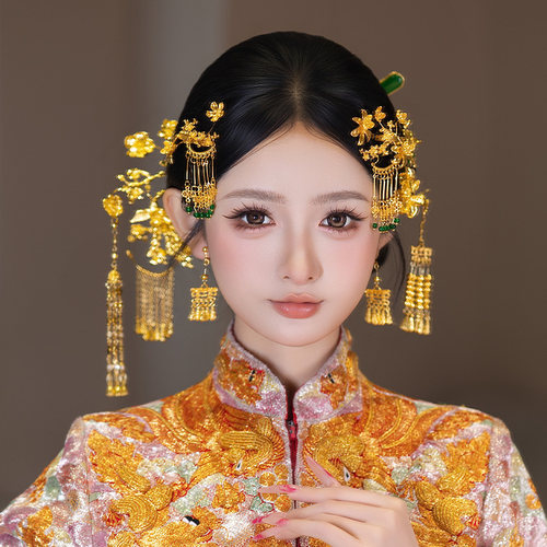 古典宫廷新款新娘发饰婚礼龙凤褂金绿配色花朵流苏贵气感精致套装