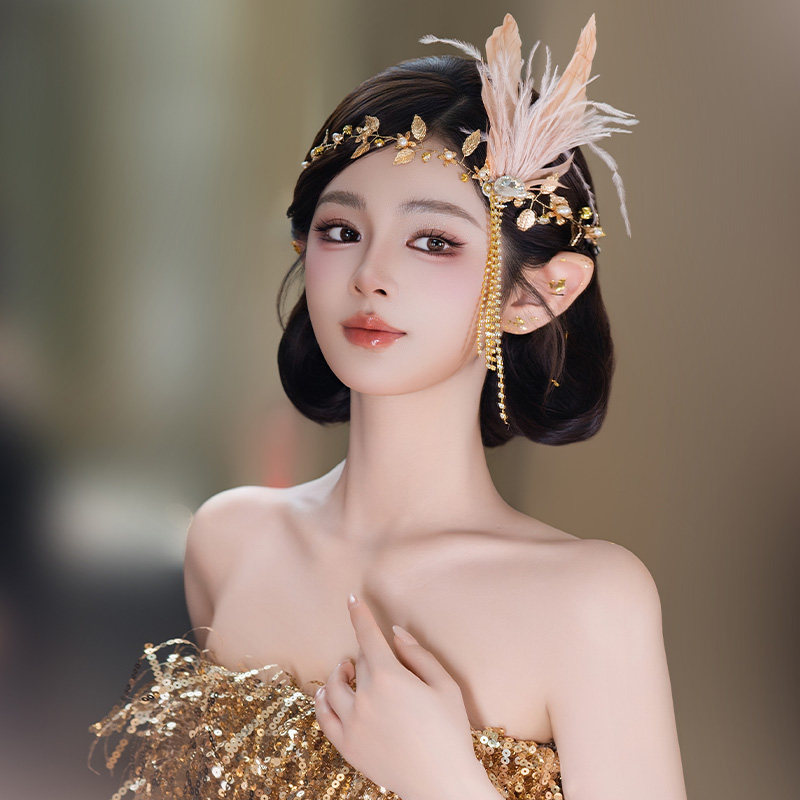 新款新娘发饰高级晚宴羽毛盖茨比气质舞会精灵风时尚法式造型配饰