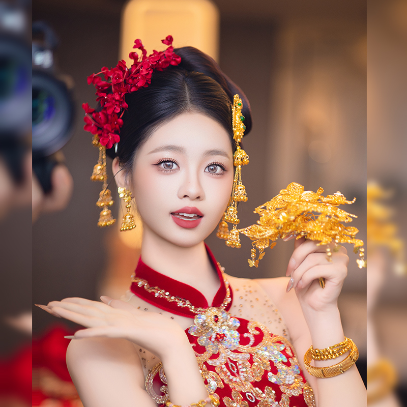 新娘古风金色风铃古典红色花朵发夹头饰中式复古精致流苏边夹套装