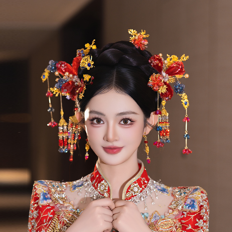 新娘复古中式甜美红色头饰手作珍珠花朵发簪大气重工龙凤褂发饰品