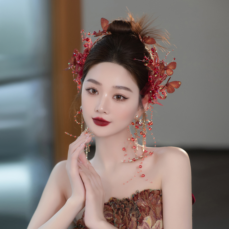 新娘头饰红色盘发流苏发夹时尚气质红色简约敬酒服复古礼服发饰品
