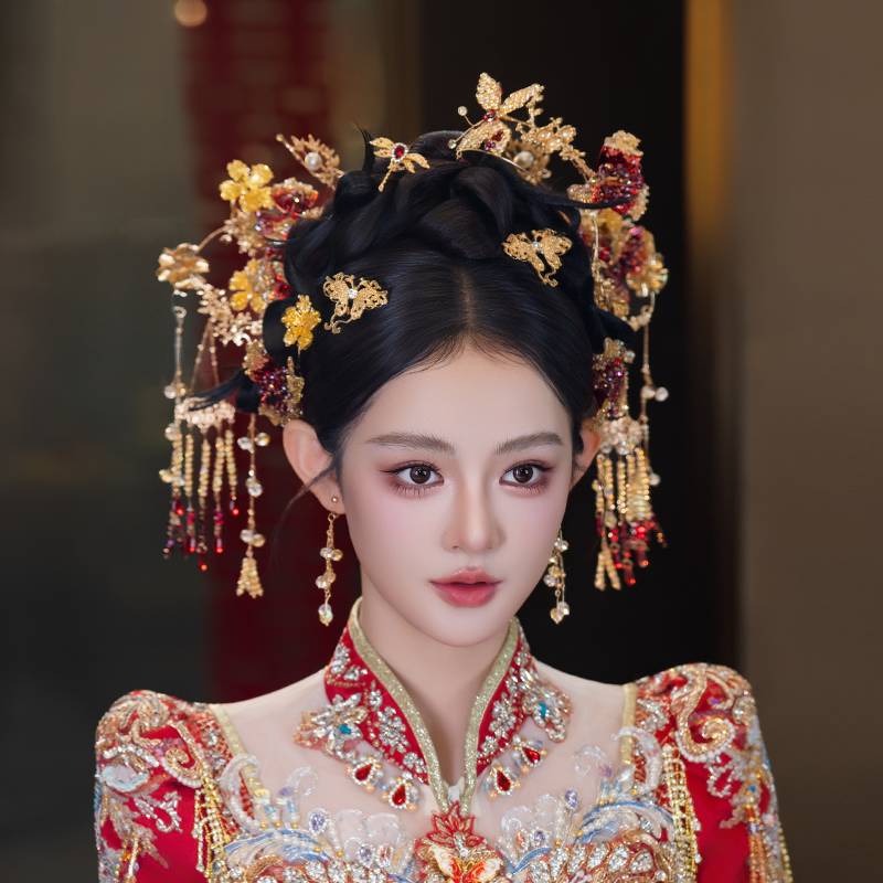 新娘新款中式红色花朵蝴蝶流苏手工秀禾汉服头饰结婚古风发饰套装