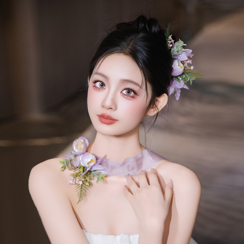 新娘温柔超仙结婚氛围感头饰紫色系仿真郁金香套装礼服晨袍配饰品