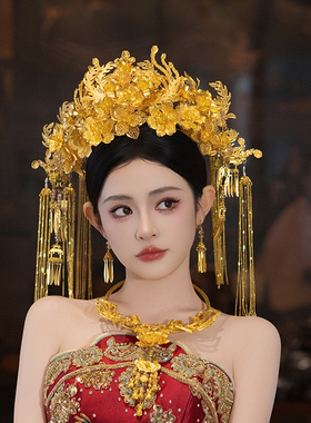 新款新娘发饰中式婚礼秀禾金色奢华花朵大凤冠敬酒龙凤褂头冠结婚