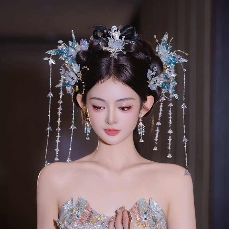 中式新娘水晶银蓝色宫廷小众蝴蝶仙气婚礼古装汉服流苏头饰发饰品