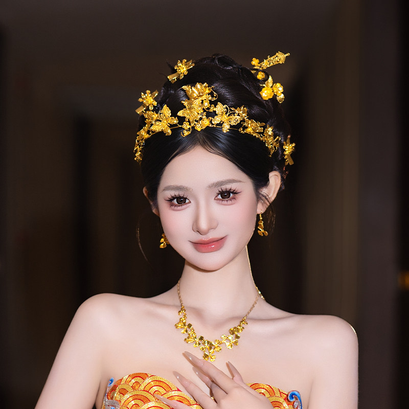 高级感新娘金色简约大气结婚镂空花朵头饰复古新款礼服秀禾服发饰