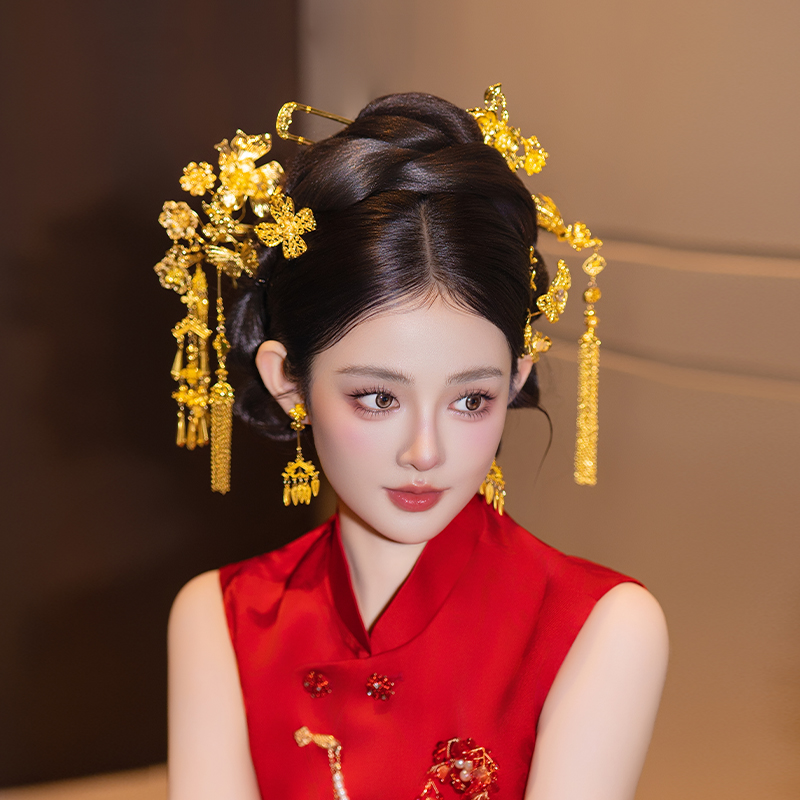 新娘富贵感花朵传统全金色复古宫廷头饰古风大气步摇秀禾流苏发饰