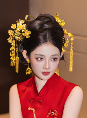 新娘富贵感花朵传统全金色复古宫廷头饰古风大气步摇秀禾流苏发饰