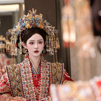 新娘头饰流苏大气景泰蓝结婚古装汉服婚礼发饰套装中式古风大凤冠