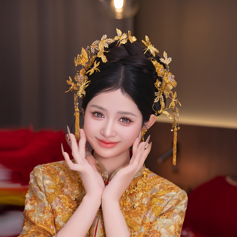 新娘金色复古流苏头饰秀禾中式婚礼古典蜻蜓发簪汉服古装减龄发饰