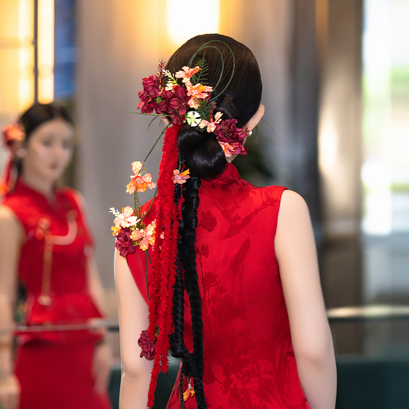 新娘发饰品新中式手工花朵长条绒线红色系发夹国风礼服旗袍裙头饰