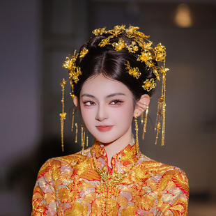 金色秀禾服复古新娘古风头饰减龄后区流苏汉服龙凤褂花朵发簪发饰