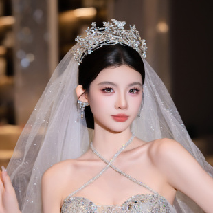 韩系新娘头饰品婚纱礼服镂空高级感小众设计闪亮水钻公主皇冠配饰